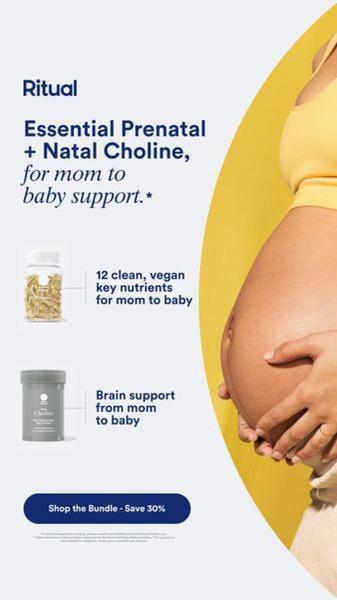 This ad creative uses a clean, minimalist layout to present prenatal vitamins, highlighting key nutrients and brain support benefits.